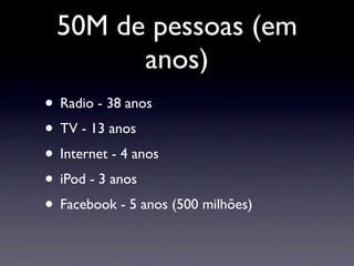 50M de pessoas (em
       anos)
• Radio - 38 anos
• TV - 13 anos
• Internet - 4 anos
• iPod - 3 anos
• Facebook - 5 anos (500 milhões)
 