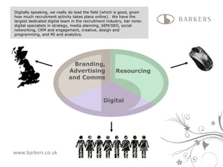 www.barkers.co.uk Branding, Advertising and Comms Resourcing Digital Digitally speaking, we really do lead the field (which is good, given how much recruitment activity takes place online).  We have the largest dedicated digital team in the recruitment industry, bar none: digital specialists in strategy, media planning, SEM/SEO, social networking, CRM and engagement, creative, design and programming, and MI and analytics.  