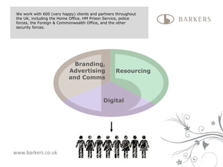 www.barkers.co.uk Branding, Advertising and Comms Resourcing Digital We work with 600 (very happy) clients and partners throughout the UK, including the Home Office, HM Prison Service, police forces, the Foreign & Commonwealth Office, and the other security forces.  