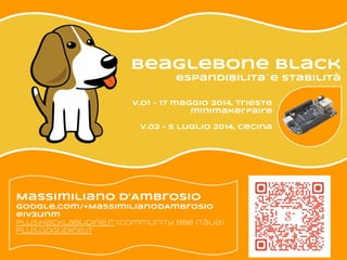 BeagleBone Black
espandibilita`e stabilità
Massimiliano D’Ambrosio
google.com/+MassimilianoDAmbrosio
@iv3unm
plus.hacklabudine.it (Community BBB Italia)
plus.gdgudine.it
v.o1 - 17 maggio 2014, Trieste
minimakerfaire
v.02 - 5 luglio 2014, Cecina
 