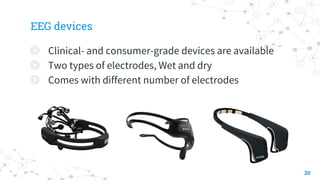 EEG devices
◎ Clinical- and consumer-grade devices are available
◎ Two types of electrodes, Wet and dry
◎ Comes with different number of electrodes
20
 