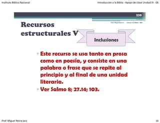 Instituto Bíblico Nacional                           Introducción a la Biblia ‐ Apoyo de clase Unidad III ‐ 06



                                                                                                        220


                 Recursos
                                                                 Prof. Miguel Neira J.   Introd. a la Biblia - IBN




                 estructurales V
                                                   Inclusiones

                             ▫ Este recurso se usa tanto en prosa
                               como en poesía, y consiste en una
                               palabra o frase que se repite al
                               principio y al final de una unidad
                               literaria.
                             ▫ Ver Salmo 8; 27.14; 103.




Prof. Miguel Neira Jara                                                                                              16
 