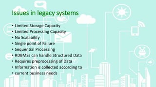 Issues in legacy systems
• Limited Storage Capacity
• Limited Processing Capacity
• No Scalability
• Single point of Failure
• Sequential Processing
• RDBMSs can handle Structured Data
• Requires preprocessing of Data
• Information is collected according to
• current business needs
 