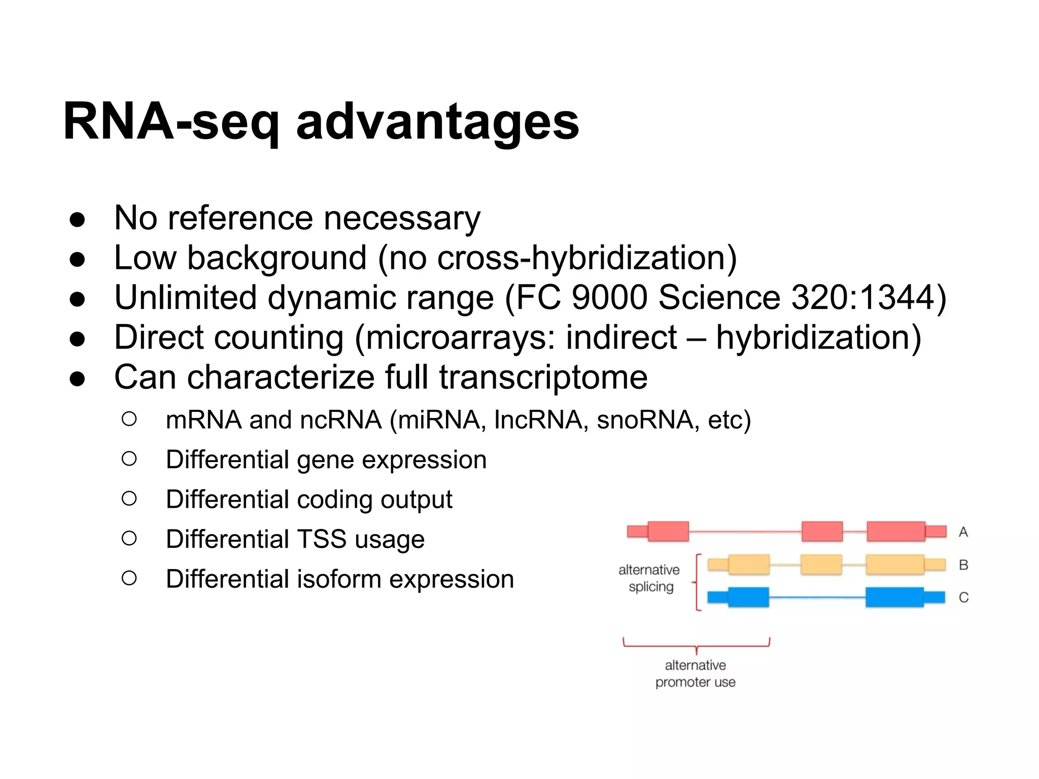 RNA-seq advantages
●   No reference necessary
●   Low background (no cross-hybridization)
●   Unlimited dynamic range (FC 9000 Science 320:1344)
●   Direct counting (microarrays: indirect – hybridization)
●   Can characterize full transcriptome
    ○ mRNA and ncRNA (miRNA, lncRNA, snoRNA, etc)
    ○ Differential gene expression
    ○ Differential coding output
    ○ Differential TSS usage
    ○ Differential isoform expression
 