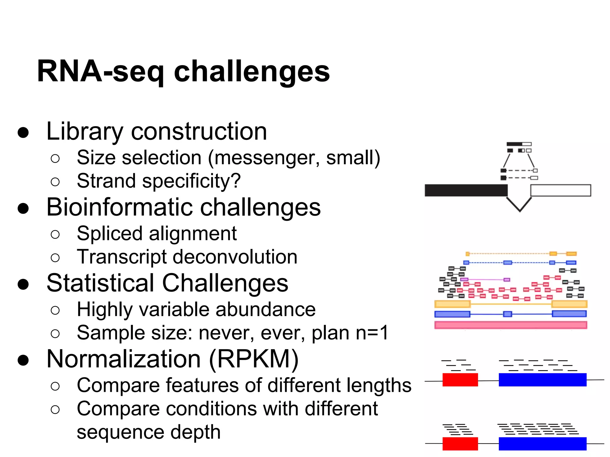RNA-seq challenges
● Library construction
  ○ Size selection (messenger, small)
  ○ Strand specificity?
● Bioinformatic challenges
  ○ Spliced alignment
  ○ Transcript deconvolution
● Statistical Challenges
  ○ Highly variable abundance
  ○ Sample size: never, ever, plan n=1
● Normalization (RPKM)
  ○ Compare features of different lengths
  ○ Compare conditions with different
    sequence depth
 