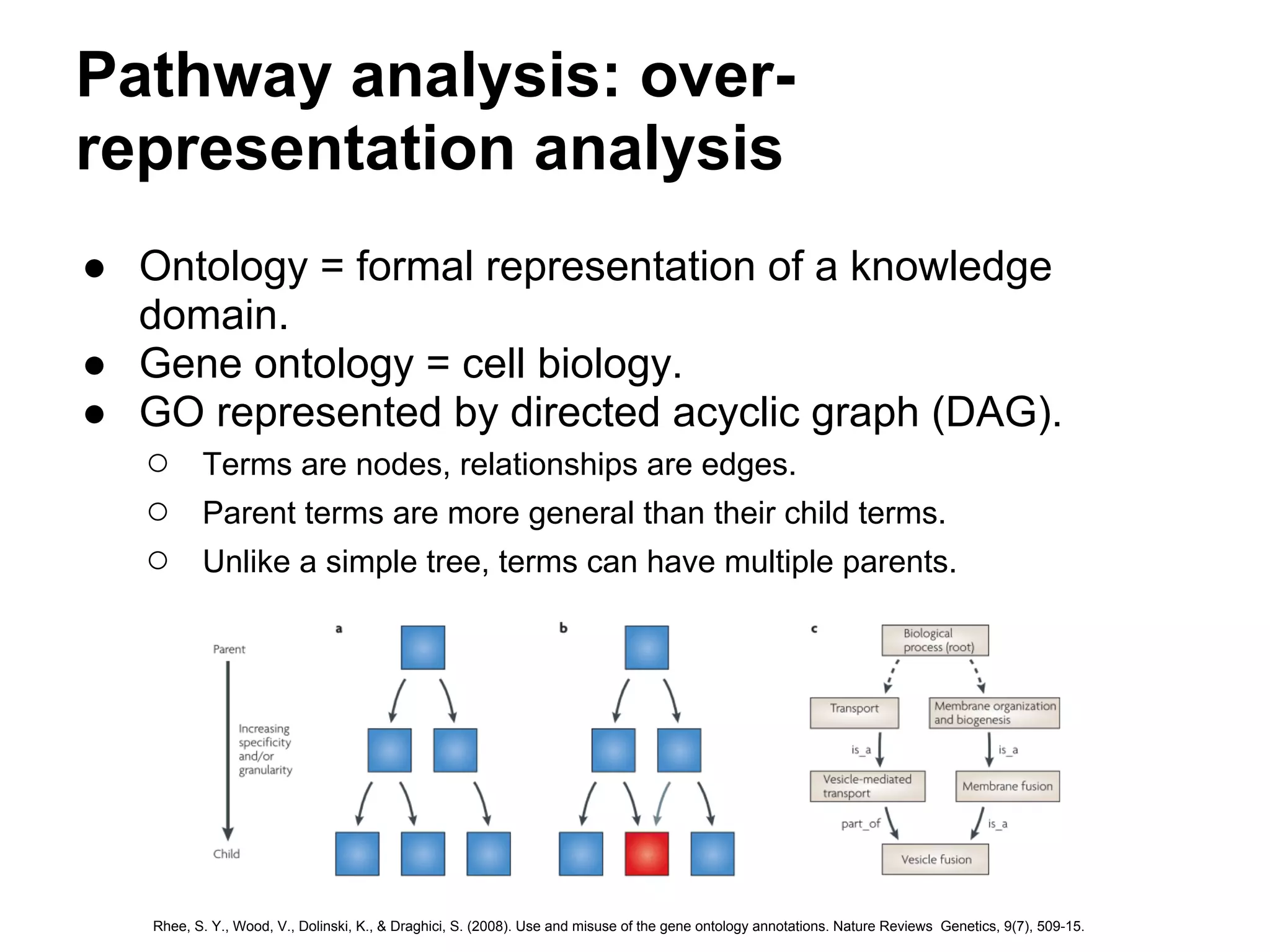 Pathway analysis: over-
representation analysis
● Ontology = formal representation of a knowledge
  domain.
● Gene ontology = cell biology.
● GO represented by directed acyclic graph (DAG).
  ○ Terms are nodes, relationships are edges.
  ○ Parent terms are more general than their child terms.
  ○ Unlike a simple tree, terms can have multiple parents.




    Rhee, S. Y., Wood, V., Dolinski, K., & Draghici, S. (2008). Use and misuse of the gene ontology annotations. Nature Reviews Genetics, 9(7), 509-15.
 