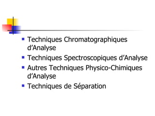 Techniques Chromatographiques d’Analyse Techniques Spectroscopiques d’Analyse Autres Techniques Physico-Chimiques d’Analyse Techniques de Séparation 