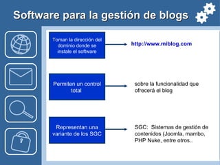 Software para la gestión de blogs  Toman la dirección del dominio donde se instale el software http://www.miblog.com  Permiten un control total  sobre la funcionalidad que ofrecerá el blog  Representan una variante de los SGC SGC:  Sistemas de gestión de contenidos (Joomla, mambo, PHP Nuke, entre otros.. 
