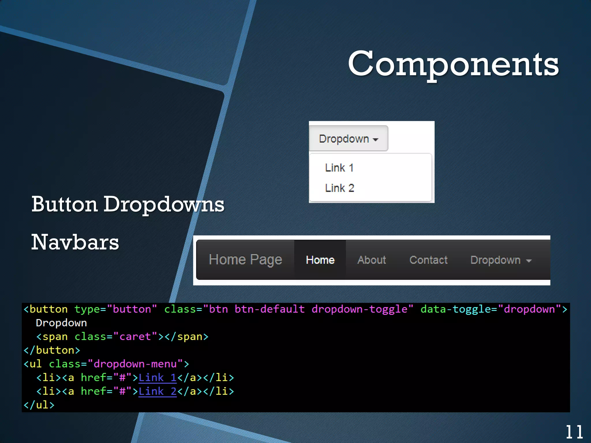 Components

Button Dropdowns
Navbars
:w

11

 