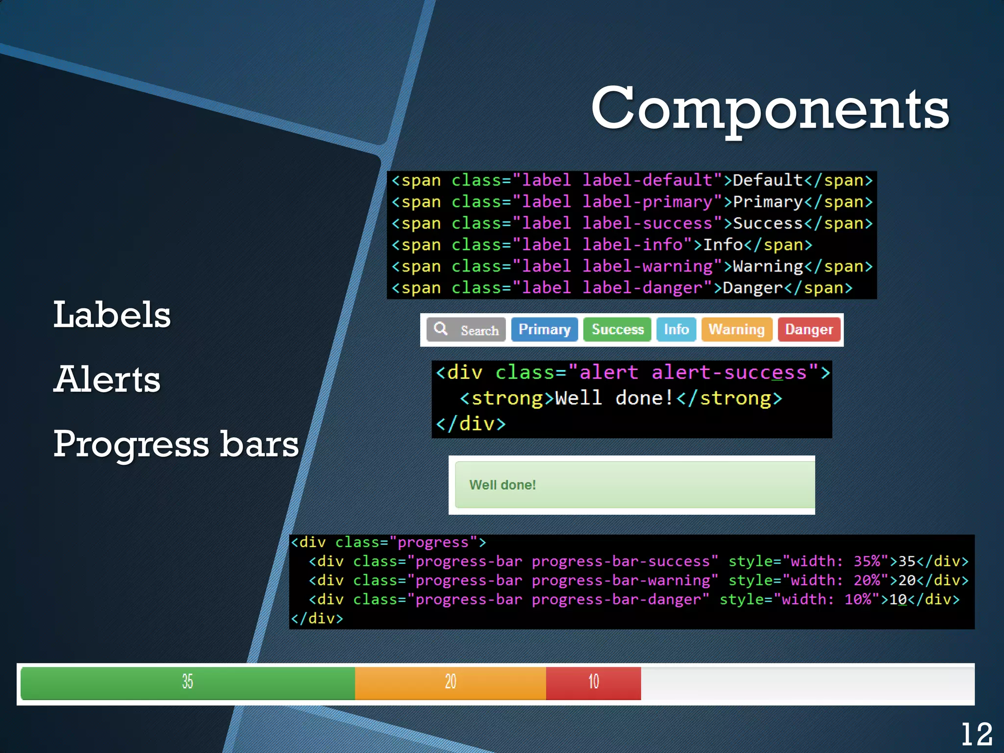 Components
Labels

Alerts
Progress bars

12

 