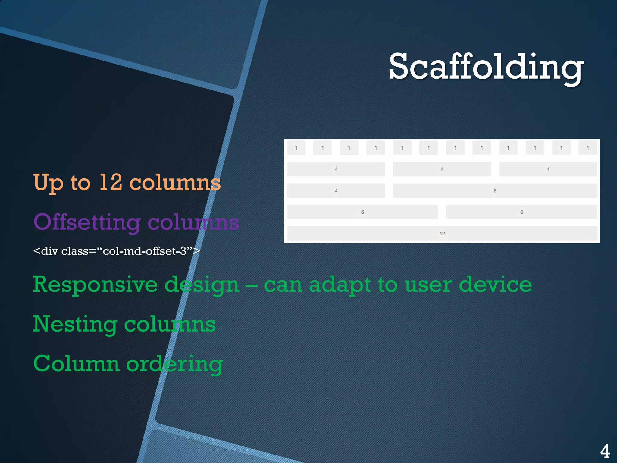 Scaffolding
Up to 12 columns
Offsetting columns
<div class=“col-md-offset-3”>

Responsive design – can adapt to user device

Nesting columns
Column ordering

4

 