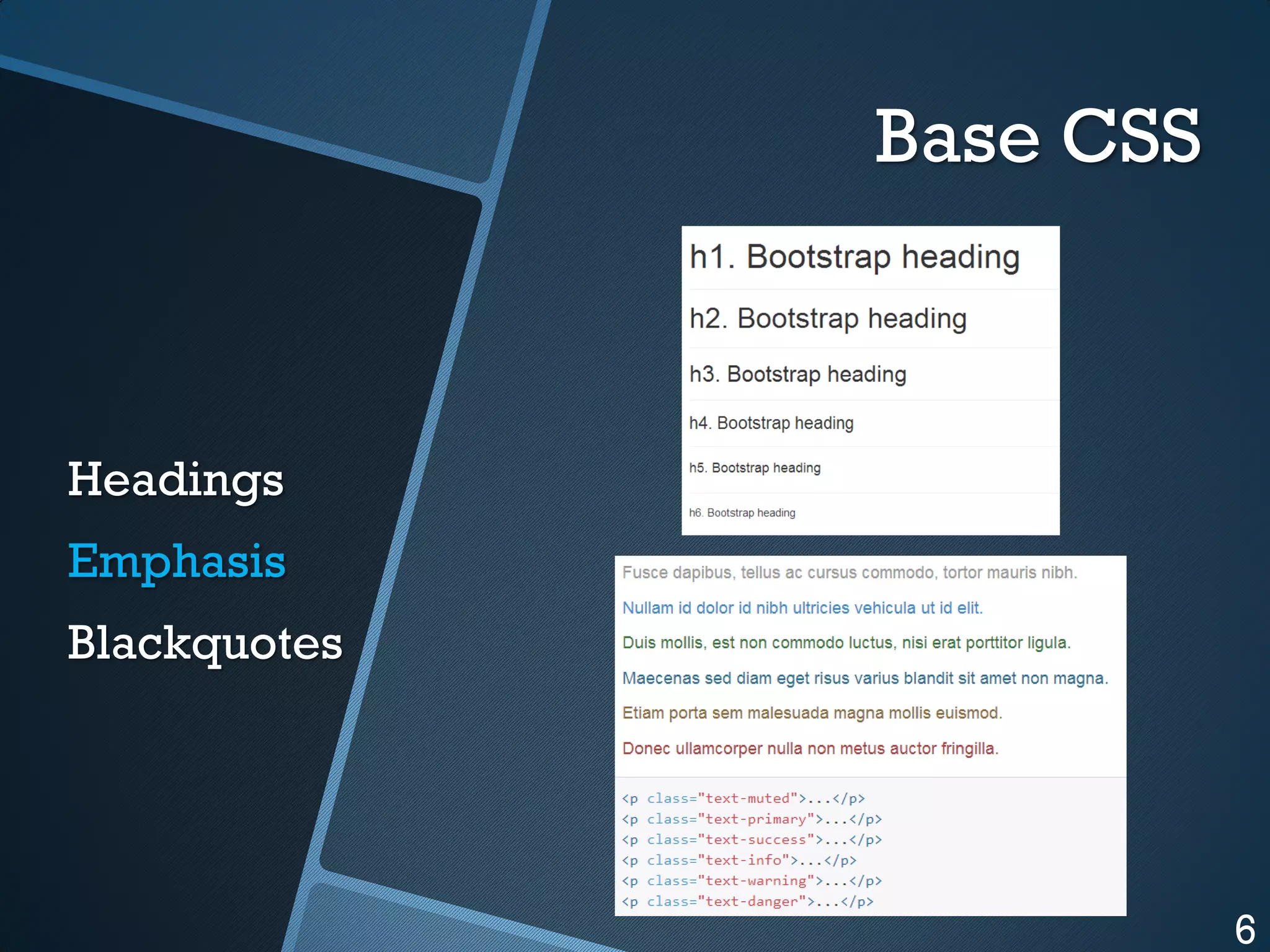 Base CSS

Headings
Emphasis

Blackquotes

6

 