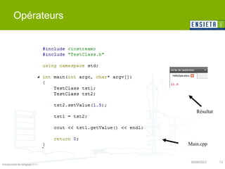 Introduction au langage C++
30/09/2023 13
Opérateurs
Résultat
Main.cpp
 