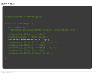 js/canvas.js
window.onload = canvasApp();
function canvasApp () {
}
!
! theCanvas.fillStyle = "blue";
! theCanvas.font = "30px Arial";
! theCanvas.textBaseline = "top";
! theCanvas.fillText("Fort Collins", 0, 0);
! theCanvas.fillStyle = "red";
! theCanvas.fillText("Internet", 0, 50);
! theCanvas.fillStyle = "blue";
! theCanvas.fillText("Pros",0,100);
var theCanvas =
document.getElementById(‘intro’).getContext(‘2d’);
Tuesday, September 3, 13
 