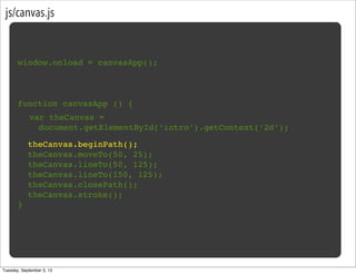 js/canvas.js
window.onload = canvasApp();
function canvasApp () {
}
!
! theCanvas.beginPath();
! theCanvas.moveTo(50, 25);
! theCanvas.lineTo(50, 125);
! theCanvas.lineTo(150, 125);
! theCanvas.closePath();
! theCanvas.stroke();
var theCanvas =
document.getElementById(‘intro’).getContext(‘2d’);
Tuesday, September 3, 13
 