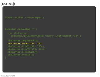 js/canvas.js
window.onload = canvasApp();
function canvasApp () {
}
!
! theCanvas.beginPath();
! theCanvas.moveTo(50, 25);
! theCanvas.lineTo(50, 125);
! theCanvas.lineTo(150, 125);
! theCanvas.closePath();
! theCanvas.stroke();
var theCanvas =
document.getElementById(‘intro’).getContext(‘2d’);
Tuesday, September 3, 13
 