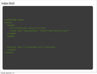 index.html
<!DOCTYPE html>
<html>
<head>
<title>Canvas Intro</title>
<link rel=”stylesheet” href=”css/style.css”>
</head>
<body>
<script src=”js/canvas.js”></script>
</body>
</html>
Tuesday, September 3, 13
 