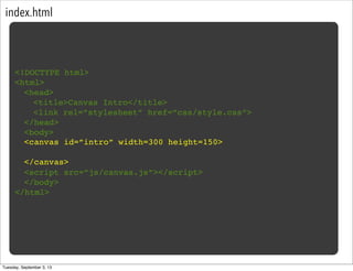 index.html
<!DOCTYPE html>
<html>
<head>
<title>Canvas Intro</title>
<link rel=”stylesheet” href=”css/style.css”>
</head>
<body>
<script src=”js/canvas.js”></script>
</body>
</html>
<canvas id=”intro” width=300 height=150>
</canvas>
Tuesday, September 3, 13
 