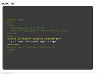 index.html
<!DOCTYPE html>
<html>
<head>
<title>Canvas Intro</title>
<link rel=”stylesheet” href=”css/style.css”>
</head>
<body>
<script src=”js/canvas.js”></script>
</body>
</html>
<canvas id=”intro” width=300 height=150>
</canvas>
<p>Oh noes! No canvas support!</p>
Tuesday, September 3, 13
 