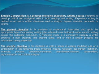 English Composition is a process-intensive expository writing course  designed to develop critical and analytical skills in both reading and writing. Expository writing is defined as an oral or written discourse used to analyze, explain, describe, persuade, or inform.  The general objective   is for students to understand, internalize and apply the appropriate type of expository writing (also referred to as rhetorical mode) used in writing across the collegiate curriculum. A rhetorical mode is a  persuasive  strategy a writer employs to best organize and present ideas, and to help a reader process the information being presented. The specific objective   is for students to write a series of essays modeling one or a combination of the following basic rhetorical modes: narration, description, definition, example, process, comparison/contrast, classification/division, cause/effect, argumentation, and critical analysis.  