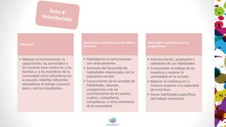 Definición:
• Mejorar el reclutamiento, la
capacitación, las actividades y
los horarios para involucrar a las
familias y a los miembros de la
comunidad como voluntarios en
la escuela. Habilitar diferentes
educadores al trabajo conjunto
para y con los estudiantes.
Resultados esperados para los niños y
las niñas:
• Habilidad en la comunicación
con otras personas.
• Aumento del desarrollo de
habilidades relacionadas con la
educación escolar.
• Conocimiento de la variedad de
habilidades, talentos,
ocupaciones y de las
contribuciones de los padres,
madres, compañeros,
compañeras y otros miembros
de la comunidad.
Resultados esperados para los
progenitores:
• Concienciación, aceptación y
validación de sus habilidades.
• Comprender el trabajo de los
maestros y mejorar la
comodidad en la escuela.
• Mejorar la confianza en sí
mismos respecto a la capacidad
de contribuir.
• Ganar habilidades específicas
del trabajo voluntario.
 