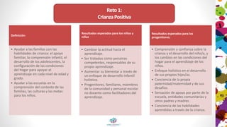 Definición:
• Ayudar a las familias con las
habilidades de crianza: el apoyo
familiar, la comprensión infantil, el
desarrollo de los adolescentes, la
configuración de las condiciones
del hogar para apoyar el
aprendizaje en cada nivel de edad y
grado.
• Ayudar a las escuelas en la
comprensión del contexto de las
familias, las culturas y las metas
para los niños.
Resultados esperados para los niños y
niñas
• Cambiar la actitud hacia el
aprendizaje.
• Ser tratados como personas
competentes, responsables de su
propio aprendizaje.
• Aumentar su bienestar a través de
un enfoque de desarrollo infantil
holístico.
• Progenitores, familiares, miembros
de la comunidad y personal escolar
no docente como facilitadores del
aprendizaje.
Resultados esperados para los
progenitores:
• Comprensión y confianza sobre la
crianza y el desarrollo del niño/a, y
los cambios en las condiciones del
hogar para el aprendizaje de los
niños.
• Enfoque holístico en el desarrollo
de sus propios hijos/as.
• Conciencia de la propia
paternidad/maternidad y de sus
desafíos.
• Sensación de apoyo por parte de la
escuela, entidades comunitarias y
otros padres y madres.
• Conciencia de las habilidades
aprendidas a través de la crianza.
Reto1:
CrianzaPositiva
 
