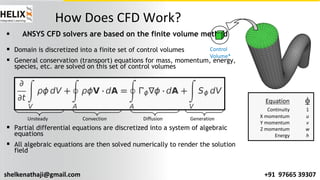 shelkenathaji@gmail.com +91 97665 39307
How Does CFD Work?
§ ANSYS CFD solvers are based on the finite volume method
§ Domain is discretized into a finite set of control volumes
§ General conservation (transport) equations for mass, momentum, energy,
species, etc. are solved on this set of control volumes
§ Partial differential equations are discretized into a system of algebraic
equations
§ All algebraic equations are then solved numerically to render the solution
field
Control
Volume*
Equation f
Continuity 1
X momentum u
Y momentum v
Z momentum w
Energy h
Unsteady Convection Diffusion Generation
 