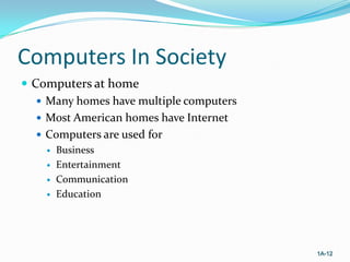 Computers In Society
 Computers at home
 Many homes have multiple computers
 Most American homes have Internet
 Computers are used for





Business
Entertainment
Communication
Education

1A-12

 