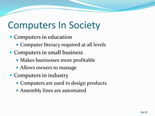 Computers In Society
 Computers in education
 Computer literacy required at all levels
 Computers in small business
 Makes businesses more profitable
 Allows owners to manage
 Computers in industry
 Computers are used to design products
 Assembly lines are automated

1A-13

 