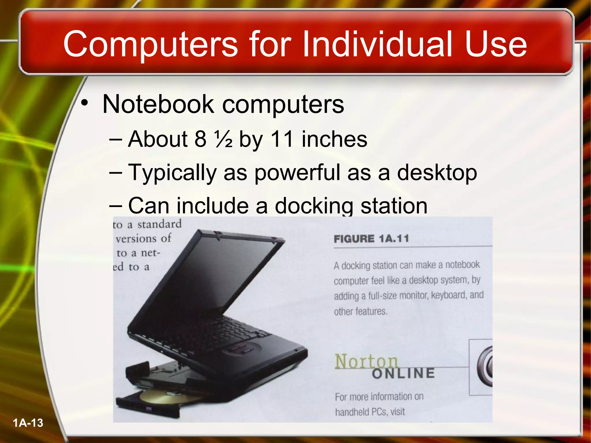 1A-13
Computers for Individual Use
• Notebook computers
– About 8 ½ by 11 inches
– Typically as powerful as a desktop
– Can include a docking station
 