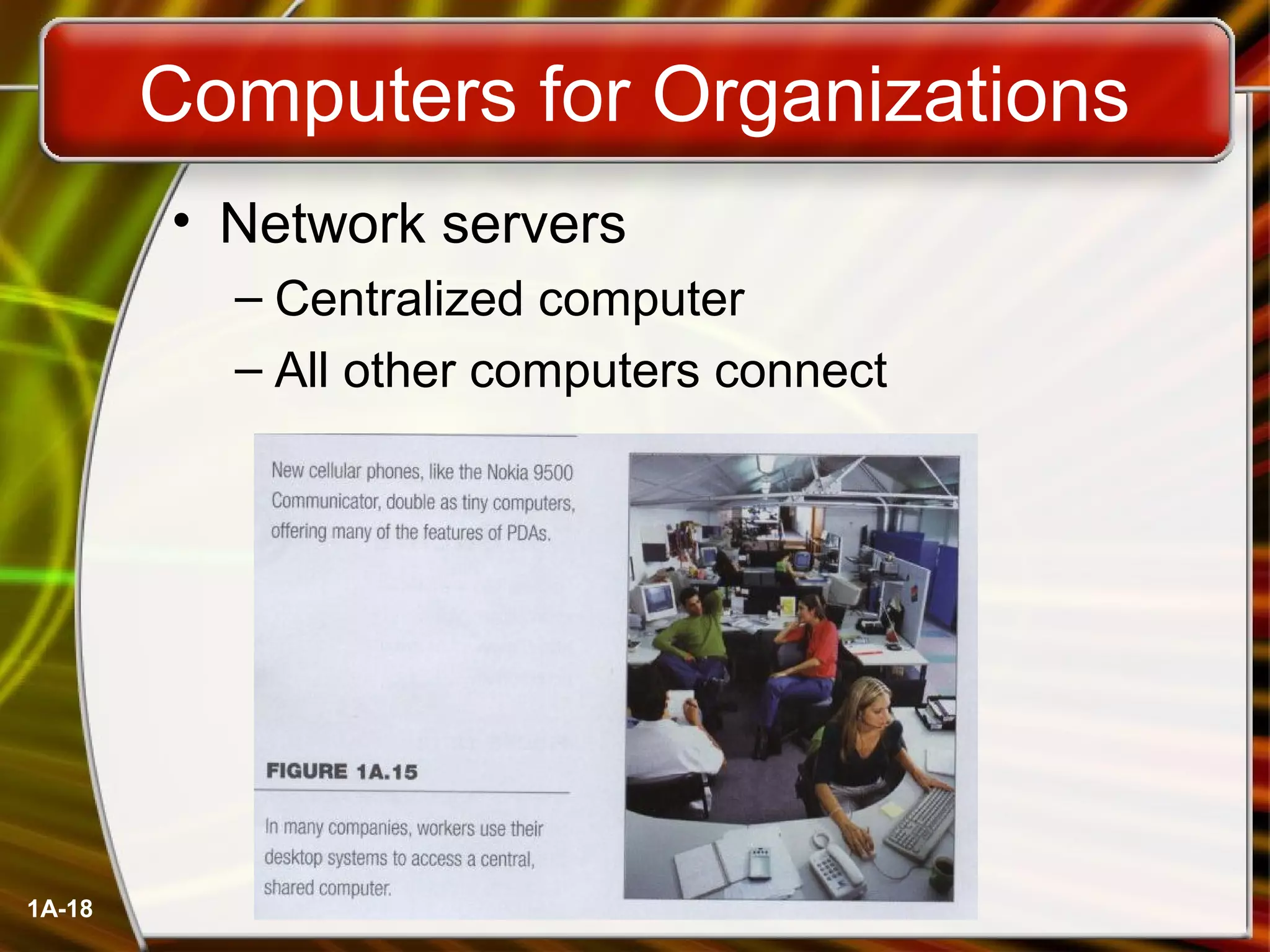 1A-18
Computers for Organizations
• Network servers
– Centralized computer
– All other computers connect
 