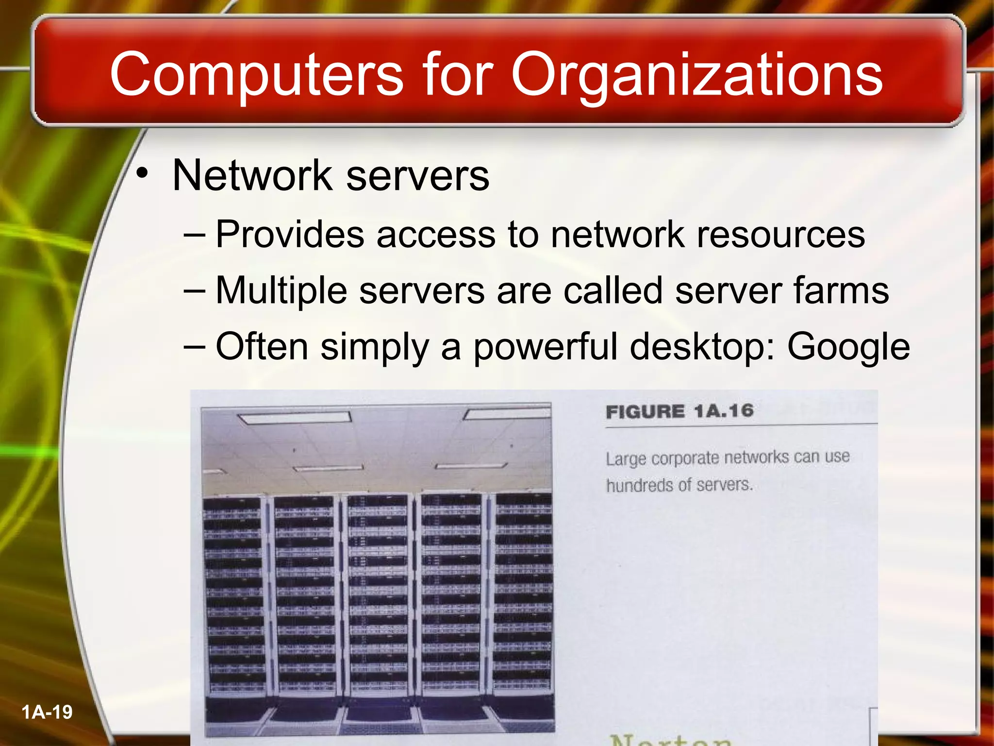 1A-19
Computers for Organizations
• Network servers
– Provides access to network resources
– Multiple servers are called server farms
– Often simply a powerful desktop: Google
 