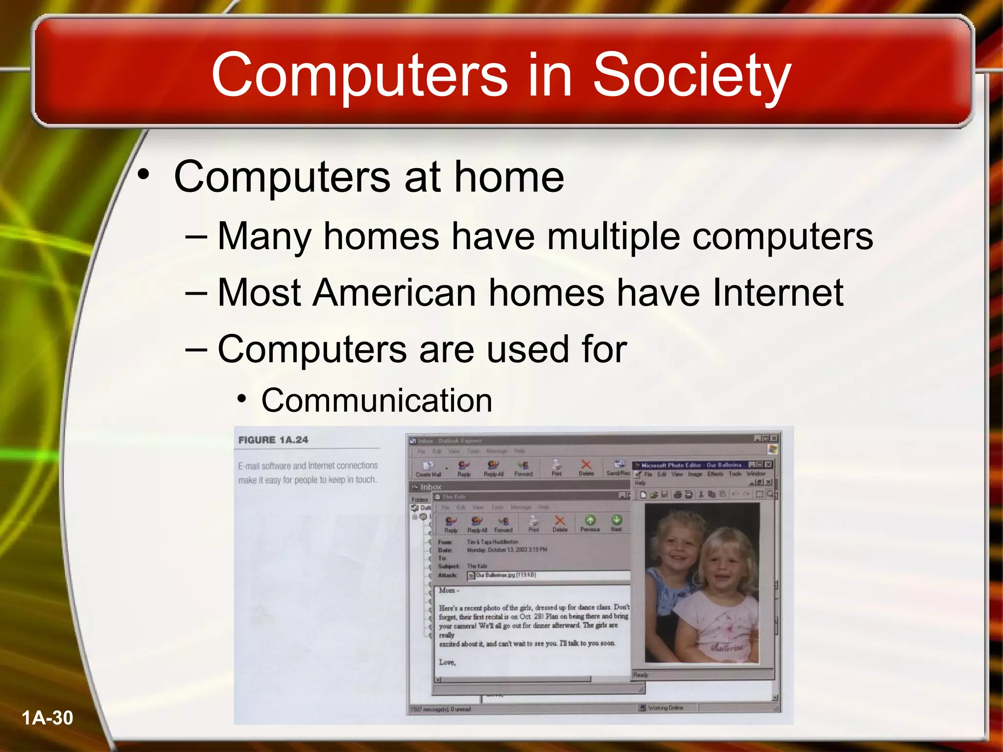 1A-30
Computers in Society
• Computers at home
– Many homes have multiple computers
– Most American homes have Internet
– Computers are used for
• Communication
 