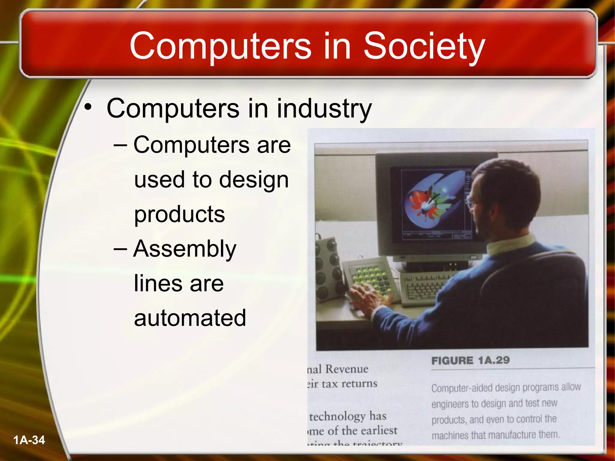1A-34
Computers in Society
• Computers in industry
– Computers are
used to design
products
– Assembly
lines are
automated
 
