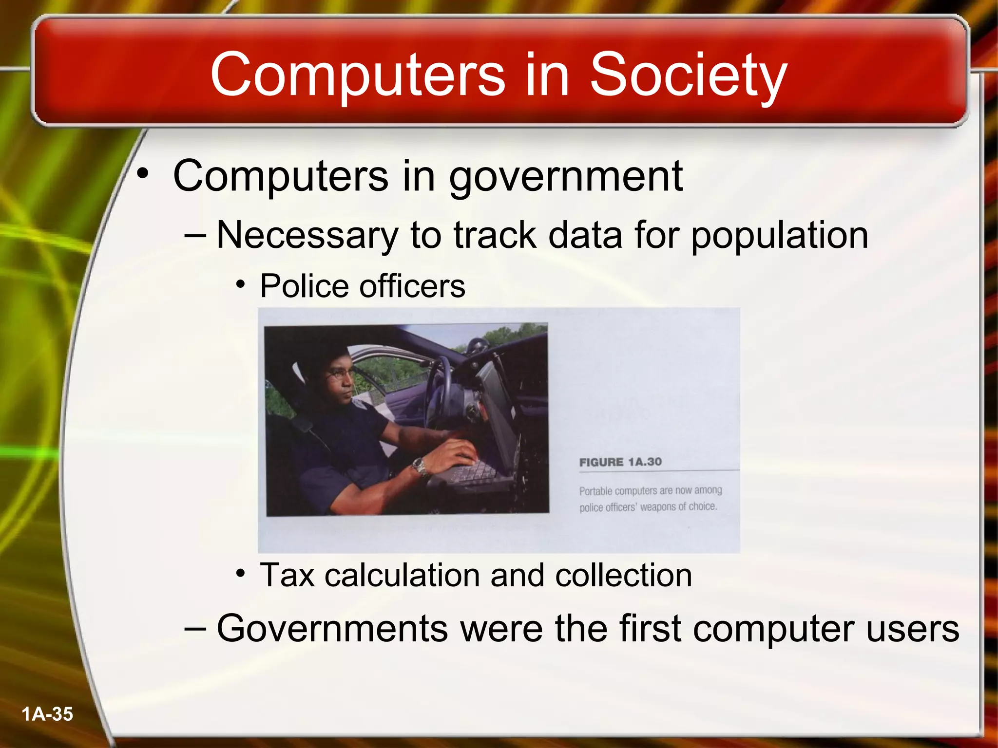 1A-35
Computers in Society
• Computers in government
– Necessary to track data for population
• Police officers
• Tax calculation and collection
– Governments were the first computer users
 