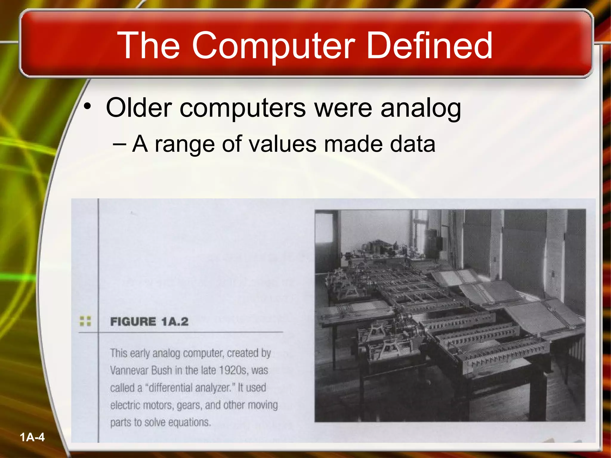 1A-4
The Computer Defined
• Older computers were analog
– A range of values made data
 