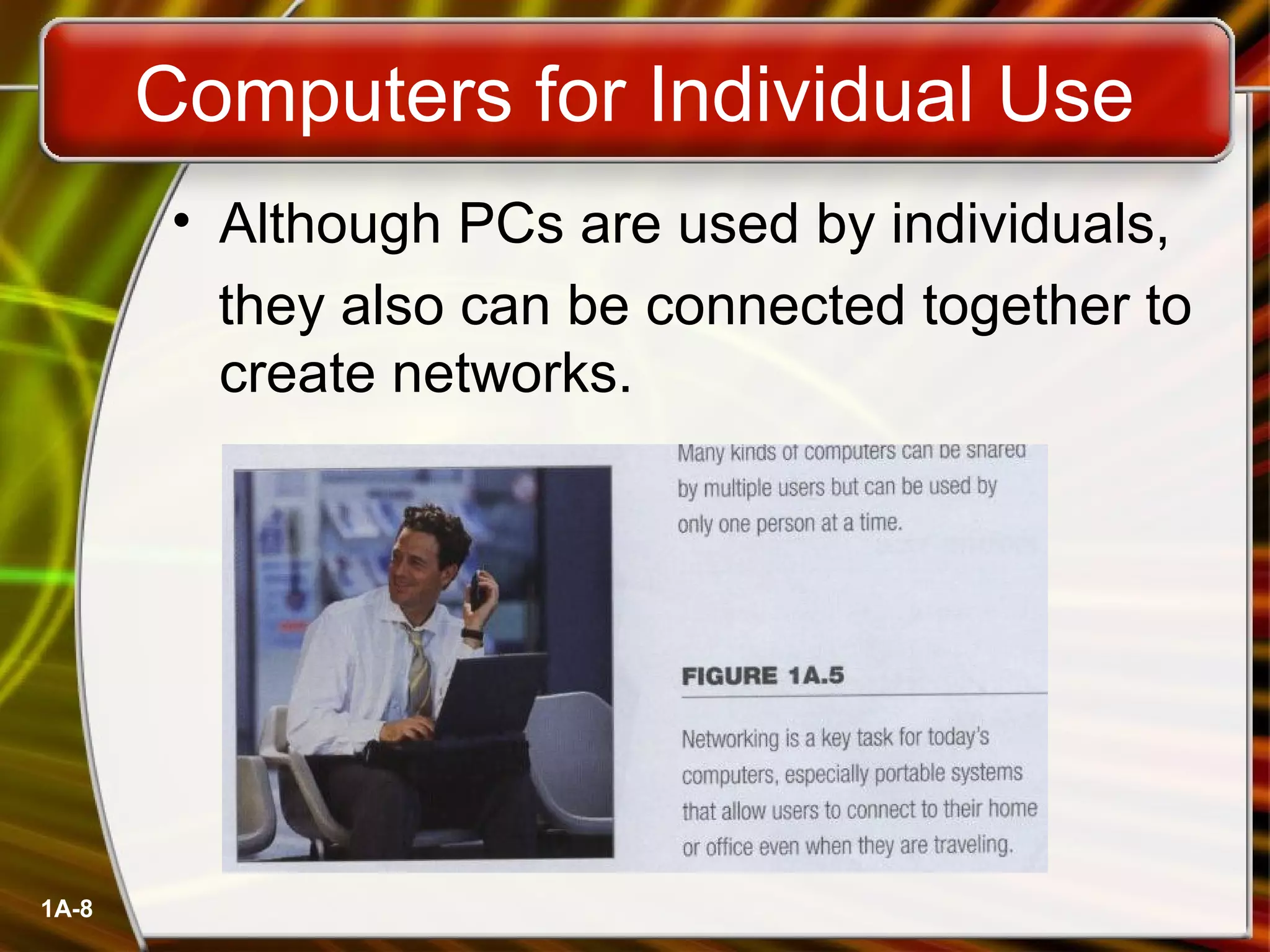 1A-8
Computers for Individual Use
• Although PCs are used by individuals,
they also can be connected together to
create networks.
 