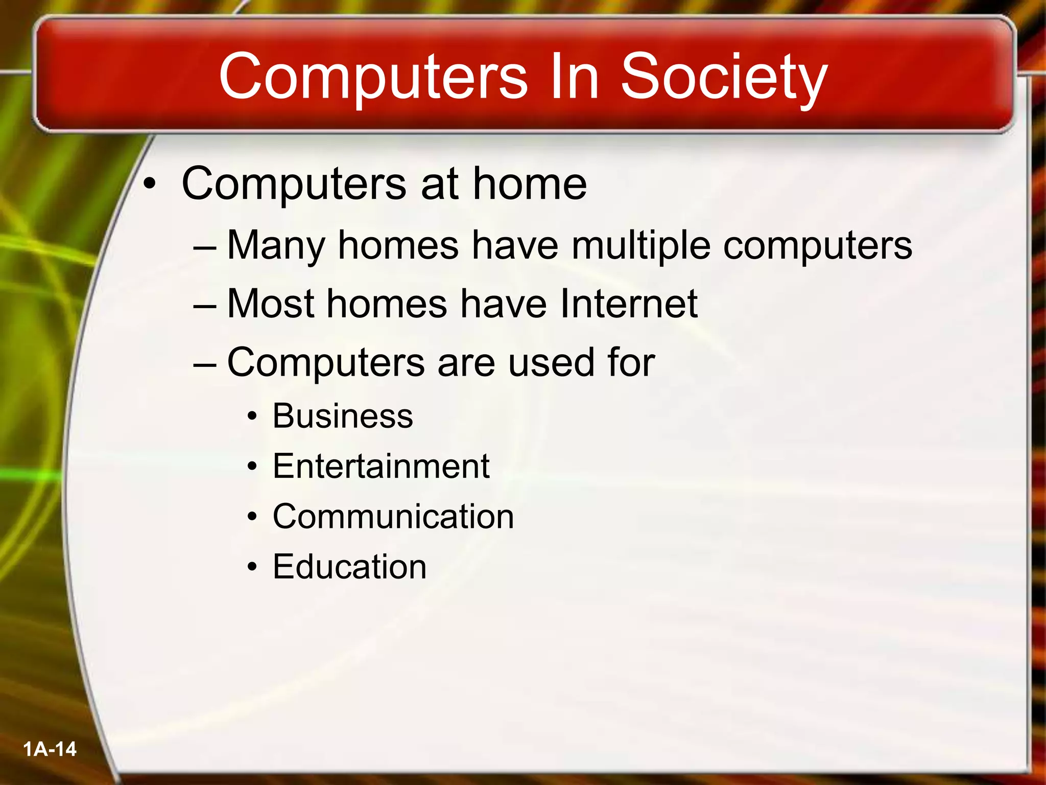 1A-14
Computers In Society
• Computers at home
– Many homes have multiple computers
– Most homes have Internet
– Computers are used for
• Business
• Entertainment
• Communication
• Education
 