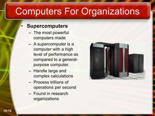 1A-12
Computers For Organizations
• Supercomputers
– The most powerful
computers made
– A supercomputer is a
computer with a high
level of performance as
compared to a general-
purpose computer.
– Handle large and
complex calculations
– Process trillions of
operations per second
– Found in research
organizations
 