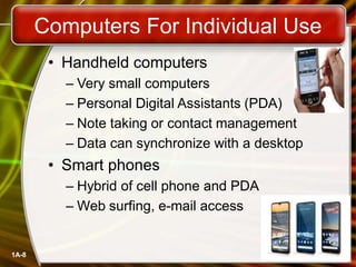 1A-8
• Handheld computers
– Very small computers
– Personal Digital Assistants (PDA)
– Note taking or contact management
– Data can synchronize with a desktop
• Smart phones
– Hybrid of cell phone and PDA
– Web surfing, e-mail access
Computers For Individual Use
 