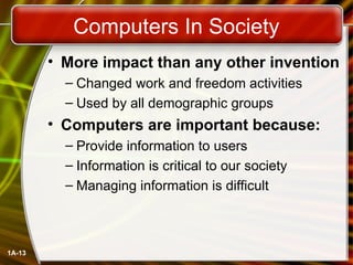 1A-13
Computers In Society
• More impact than any other invention
– Changed work and freedom activities
– Used by all demographic groups
• Computers are important because:
– Provide information to users
– Information is critical to our society
– Managing information is difficult
 