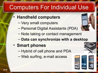 1A-8
• Handheld computers
– Very small computers
– Personal Digital Assistants (PDA)
– Note taking or contact management
– Data can synchronize with a desktop
• Smart phones
– Hybrid of cell phone and PDA
– Web surfing, e-mail access
Computers For Individual Use
 