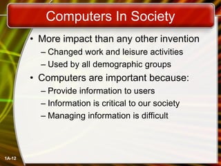 1A-12
Computers In Society
• More impact than any other invention
– Changed work and leisure activities
– Used by all demographic groups
• Computers are important because:
– Provide information to users
– Information is critical to our society
– Managing information is difficult
 