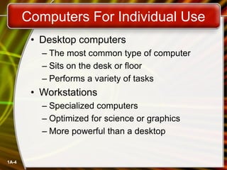 1A-4
Computers For Individual Use
• Desktop computers
– The most common type of computer
– Sits on the desk or floor
– Performs a variety of tasks
• Workstations
– Specialized computers
– Optimized for science or graphics
– More powerful than a desktop
 