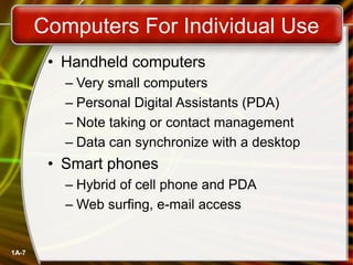 1A-7
• Handheld computers
– Very small computers
– Personal Digital Assistants (PDA)
– Note taking or contact management
– Data can synchronize with a desktop
• Smart phones
– Hybrid of cell phone and PDA
– Web surfing, e-mail access
Computers For Individual Use
 