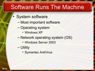 Software Runs The Machine System software Most important software Operating system Windows XP Network operating system (OS) Windows Server 2003 Utility Symantec AntiVirus 