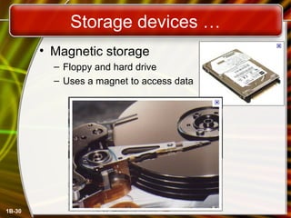 Storage devices …
• Magnetic storage
– Floppy and hard drive
– Uses a magnet to access data
1B-30
 