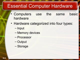 1B-8
Essential Computer Hardware
• Computers use the same basic
hardware
• Hardware categorized into four types:
– Input
– Memory devices
– Processor
– Output
– Storage
 
