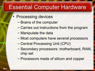 1B-7
Essential Computer Hardware
• Processing devices
– Brains of the computer
– Carries out instructions from the program
– Manipulate the data
– Most computers have several processors
– Central Processing Unit (CPU)
– Secondary processors: motherboard, RAM,
chip set
– Processors made of silicon and copper
 
