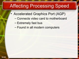 5A-20
Affecting Processing Speed
• Accelerated Graphics Port (AGP)
– Connects video card to motherboard
– Extremely fast bus
– Found in all modern computers
 